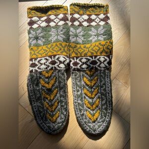 Handmade Fair Isle Wool Knit Slipper Socks in Green, Mustard & Cream
